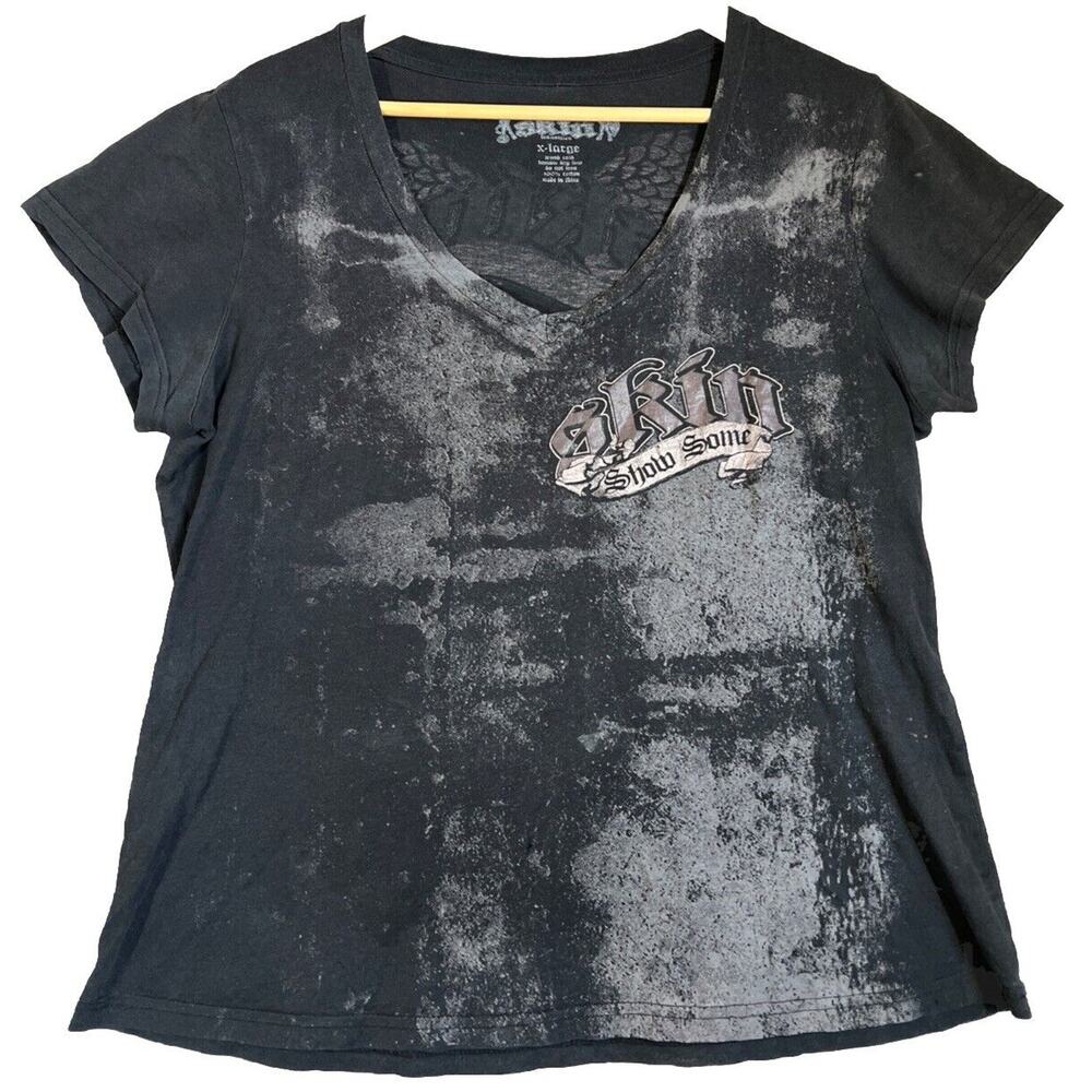 Vtg Y2K Skin Industries Tee Women XL Black V Neck Angel Wing Skate Punk Thrashed